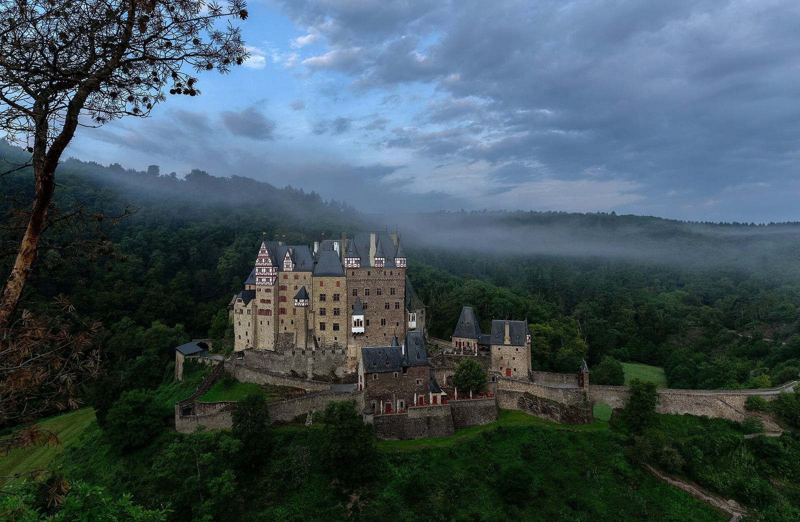 Burg Eltz mit ihren Türmen und Fachwerkerkern auf einem Felsen im bewaldeten Tal, darüber Morgennebel